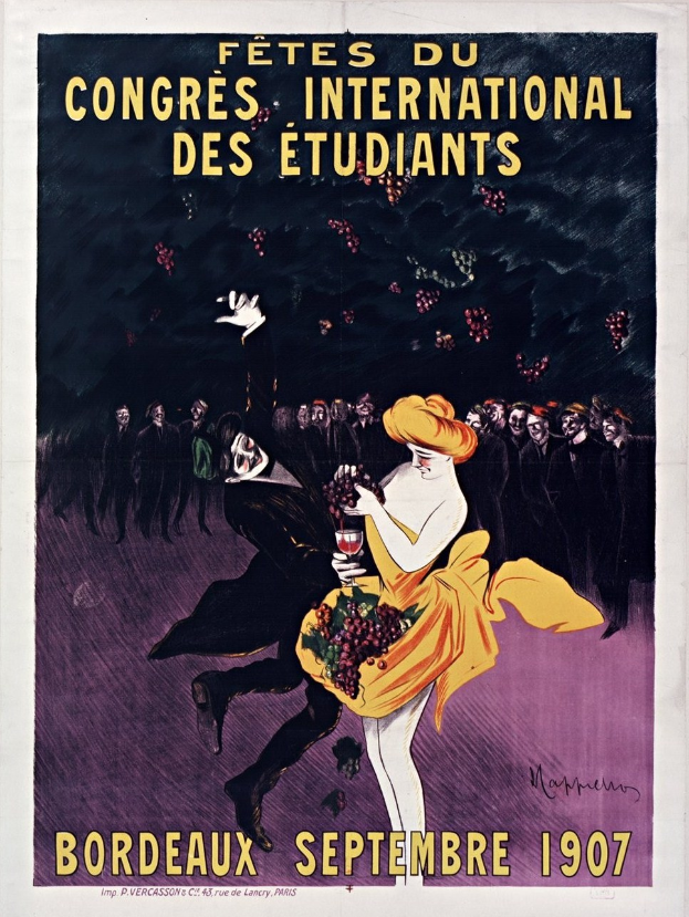 Plakat aus dem Jahr 1907, das eine Weinprobe in Bordeaux, Frankreich, ankündigt, mit einer Frau in einem gelben Kleid, die ein Weinglas hält, umgeben von einer Menge.