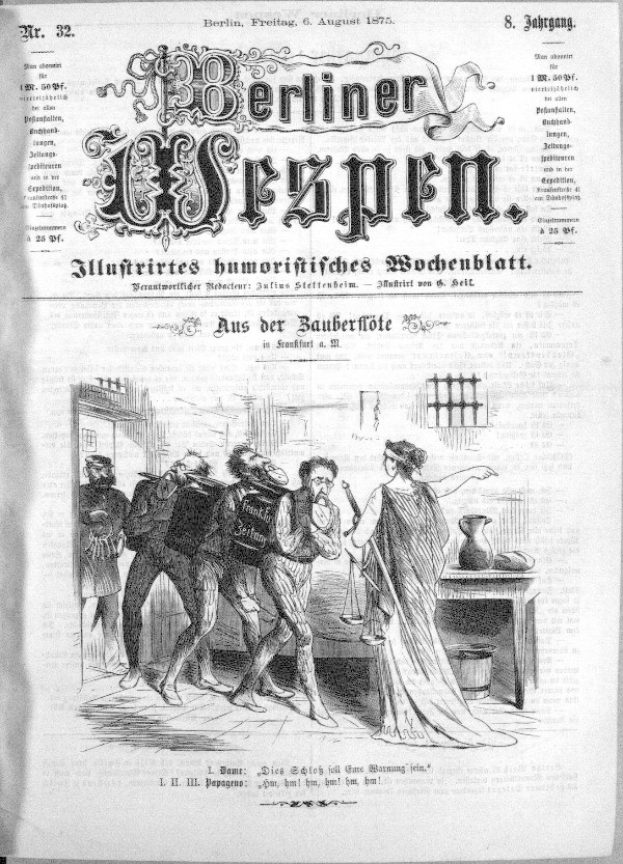 Schwarze und Wei├če Zeitung vom 'Berliner Wespen, 6. August 1875' mit einer Gruppe von Menschen in Not, einige schauen entsetzt nach oben und andere verwirrt nach unten.