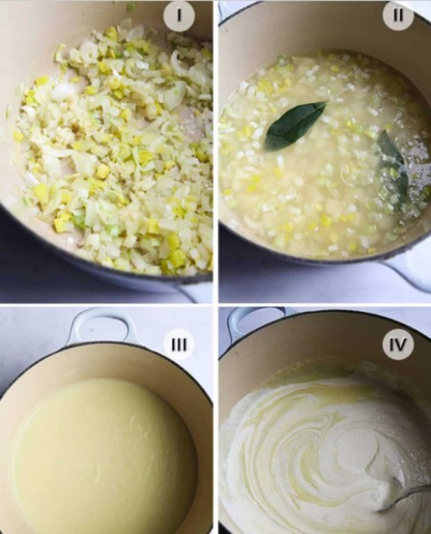 Collage aus vier Fotos, die die Schritte des Suppenkochens zeigen: gewürfelte Gemüse in einer Schüssel, Zutaten, die in den Topf gegeben werden, gemischtes Gemüse im Topf und fertige Suppe, die serviert werden kann.