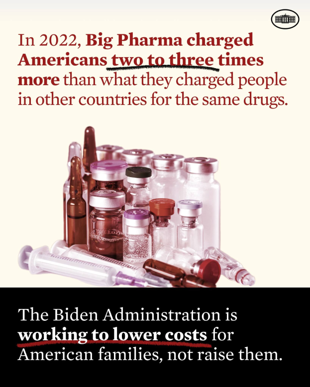 Plakat, das zeigt, dass Big Pharma 2022 Amerikaner zwei bis drei Mal mehr für dieselben Medikamente berechnet hat als in anderen L├Ąndern, mit Bildern von Medikamentenflaschen und einer Spritze.