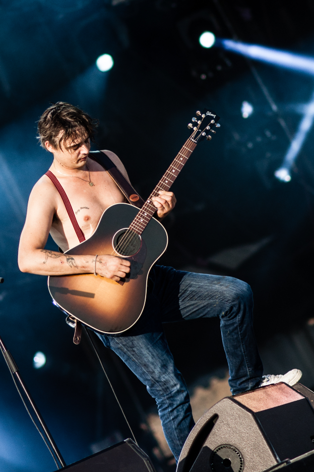Ein Mann ohne Hemd spielt eine Gitarre auf der Bühne bei einem Konzert, beleuchtet von Scheinwerfern im Hintergrund, vor einem Mikrofon mit Ständer und Lautsprechern am Boden.