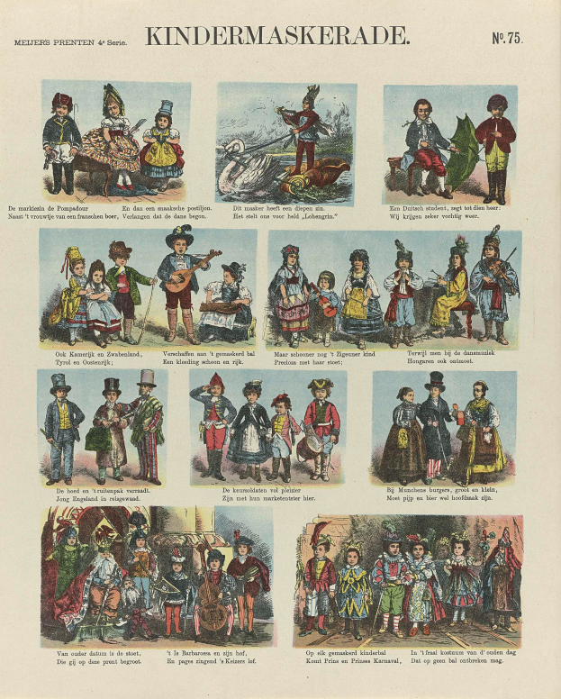 Ein Buch mit bunten Bildern von Kindern in verschiedenen Kostümen, darunter Masken und Hüte, mit begleitendem Text, der wahrscheinlich die Kostüme beschreibt.