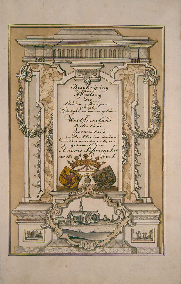 Altes Buch mit einer detaillierten Illustration eines klassisch anmutenden Gebäudes mit kunstvollen Verzierungen und Text auf dem Cover.