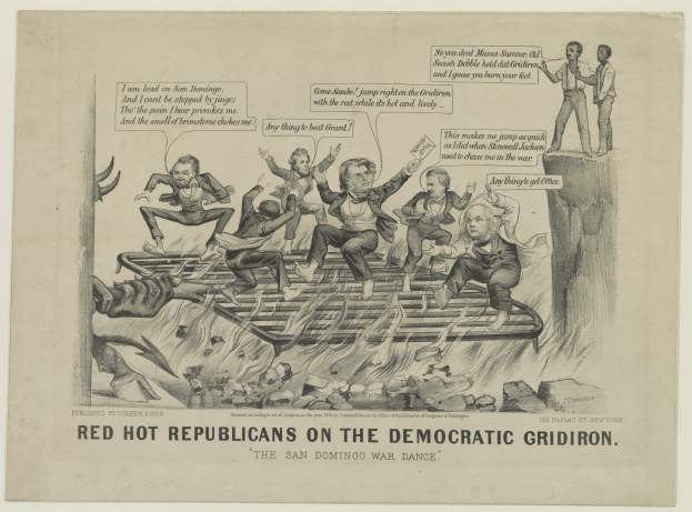 Cartoon von roten Figuren, die als "Republikaner" auf einem blauen Gridiron, das als "Demokraten" beschriftet ist, mit wütenden Gesichtern und erhobenen Armen, unter fetter schwarzer Schrift.