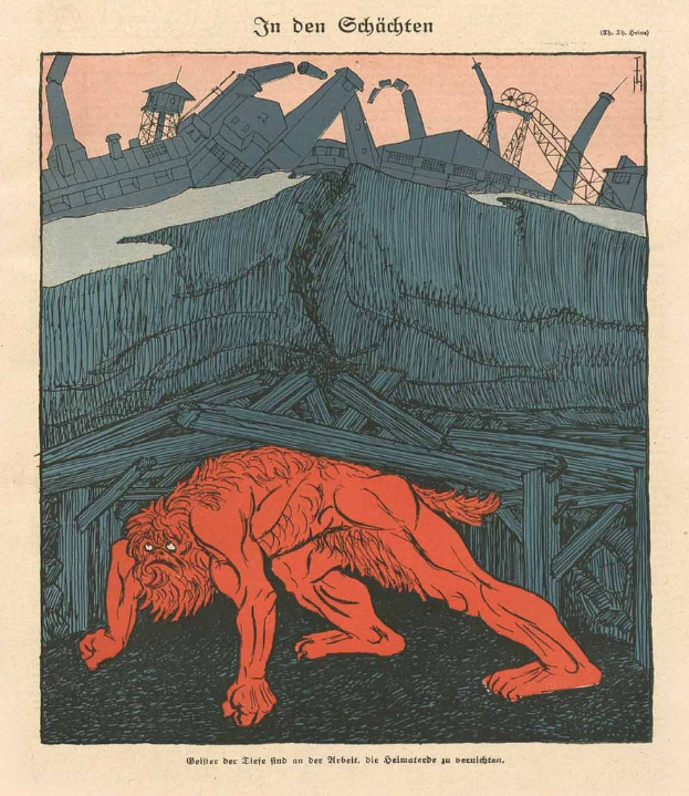Illustration eines bedrohlichen Werwolfs in Kampfstellung vor einem schmutzigen Fabrikgelände unter einem tiefblauen Himmel, mit einem Plakat im Vordergrund, das das Bild des Werwolfs und eine fette Schrift zeigt.