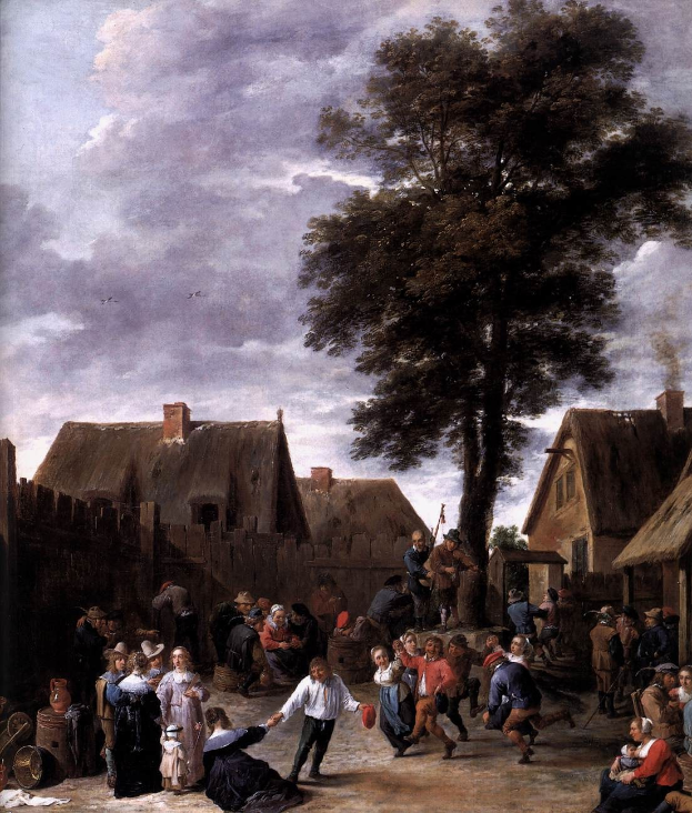 Gemälde mit dem Titel "Der Tanz im Dorf" von Jan Brueghel dem Jüngeren, das eine Dorfplatzszene mit Menschen, Häusern, Bäumen, einem hölzernen Zaun, einer bewölkten Himmel und fliegenden Vögeln zeigt.