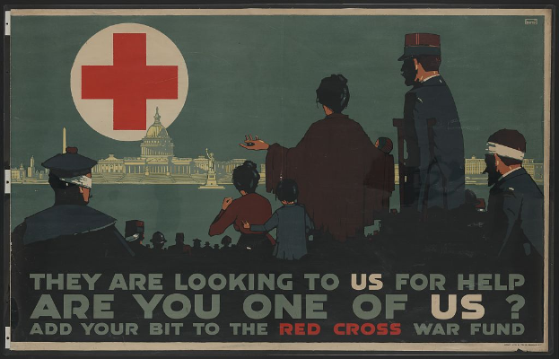 Ein Plakat mit einer Gruppe von Menschen vor einem Gebäude mit einem roten Kreuz-Symbol, auf dem um Spenden für das Rote Kreuz-Kriegsfonds gebeten wird.