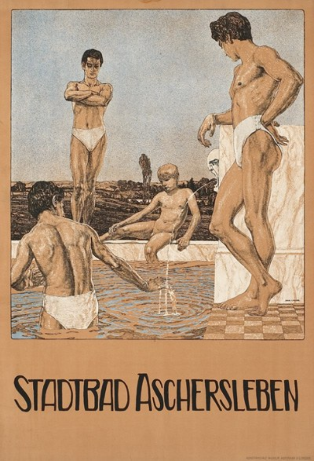 Plakat, das ein Schwimmbad in Aschersleben, Deutschland, bewirbt und Menschen im und um das Wasser zeigt.