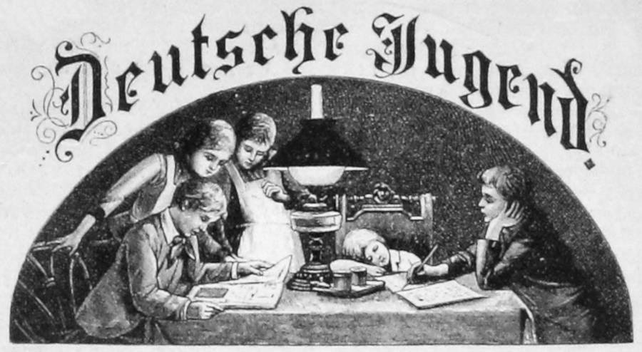 Schwarz-weißes Plakat mit 'Deutsche Jugend' über einer Gruppe von Kindern an einem Tisch mit Büchern und einer Lampe.