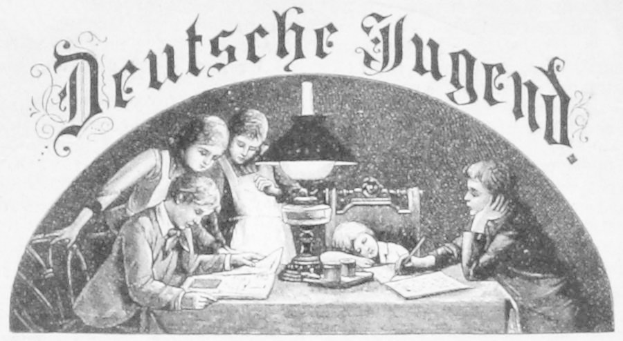 Schwarz-weißes Plakat mit 'Deutsche Jugend' über einer Gruppe von Kindern an einem Tisch mit Büchern und einer Lampe.