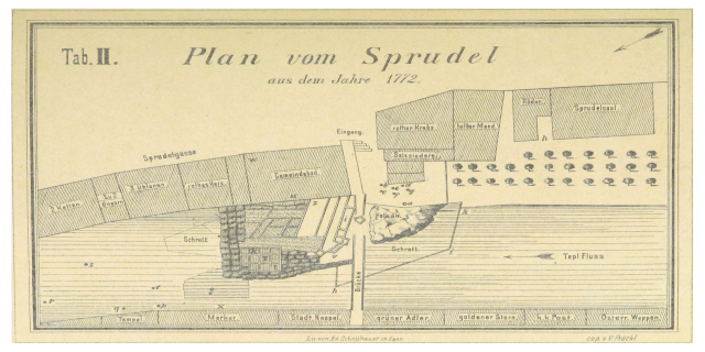 Ein Plakat mit einem detaillierten Stadtplan von Spruidel, Deutschland, begleitet von beschreibendem Text.