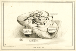 Ein Mann in einem Anzug sitzt an einem Tisch mit einer Waage davor und sieht entschlossen aus, mit Papieren mit Wörtern und Zahlen.