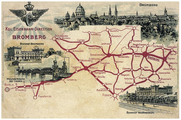 Ausführliche Straßenkarte von Bromberg, Deutschland, mit Straßen, Sehenswürdigkeiten, Gebäuden, Bäumen, einer Brücke und informativem Text über die Geschichte, Kultur und Attraktionen der Stadt.