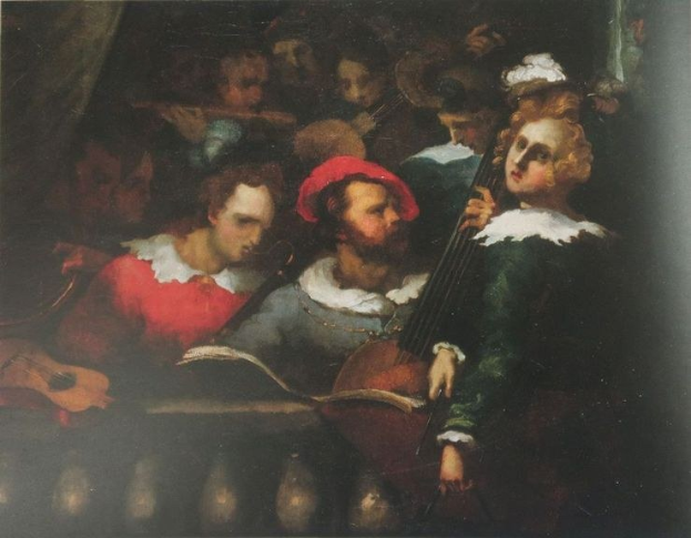 Gemälde mit dem Titel "Die Musikstunde" von Pieter Bruegel dem Älteren, das eine Gruppe von Menschen in bunter Kleidung zeigt, die Musikinstrumente spielen, darunter eine Geige, ein Cello und eine Trommel, sowie eine Person mit einem Buch in der Hand vor einem tiefblauen Hintergrund, der von warmem gelbem Licht erhellt wird.