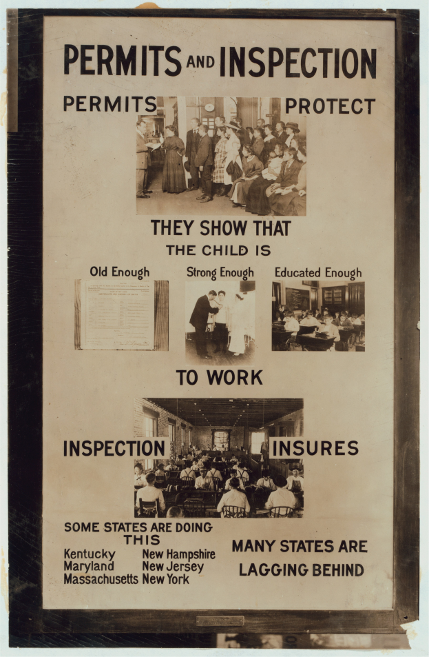 Ein Plakat mit der Aufschrift "Genehmigungen und Inspektionen" mit Bildern von Menschen verschiedenen Alters, Geschlechts und Ethnien.