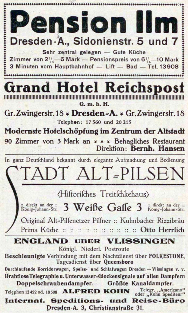 Schwarze und weiße Zeitungsanzeige für die Pension Inn in Dresden, Deutschland.