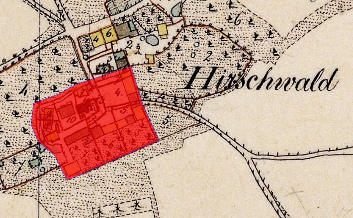 Alte Karte von Hirschwald, Deutschland, mit einem roten Quadrat, das eine zentrale Lage markiert, zeigt Straßen, Gebäude und weitere Details mit ausführlichen Textangaben.