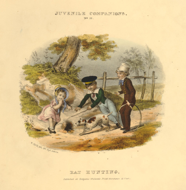 Zeichnung eines Kindes, das drei Kinder beim Spielen mit einem Hund im Park zeigt, umgeben von B%C3%A4umen, Pflanzen und einem Zaun, mit Text unten.