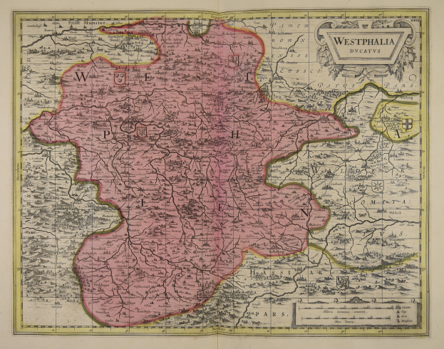 Eine alte Karte von Westfalen, Deutschland, mit den Provinzen des Königreichs England und Wales deutlich sichtbar, auf Papier gedruckt mit detaillierten Texten über die Region.