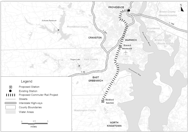 Schwarz-weiß-Stadtplan mit einem Fluss, beschriftet mit "Vorgeschlagenes S-Bahn-Projekt"