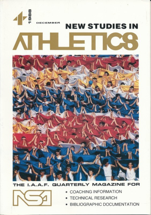 Ein Buchumschlag mit der Aufschrift "Neue Studien zur Leichtathletik 1988", der eine Gruppe von Menschen in Sportkleidung während des Trainings zeigt, mit einem hellblauen Himmel, weißen Wolken und fernen Bäumen im Hintergrund.