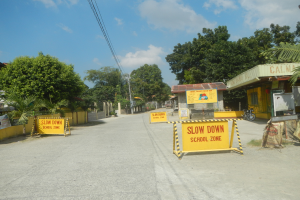 Eine Straße mit einem gelben "Slow Down School Zone"-Schild, geparkte Fahrzeuge auf der rechten Seite und Bäume, Gebäude, Pfähle, Drähte und Himmel im Hintergrund.