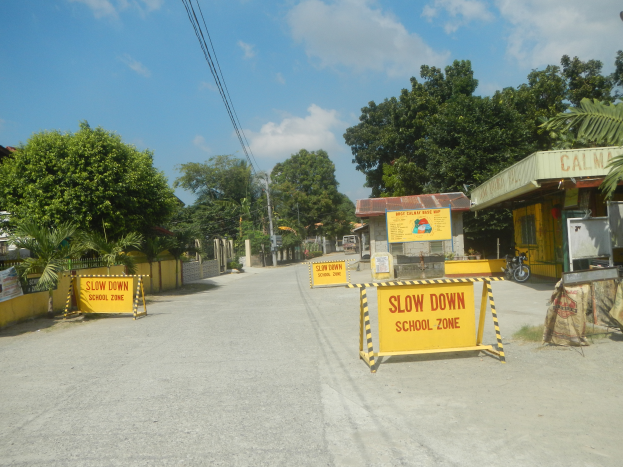 Eine Straße mit einem gelben "Slow Down School Zone"-Schild, geparkte Fahrzeuge auf der rechten Seite und Bäume, Gebäude, Pfähle, Drähte und Himmel im Hintergrund.