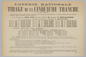 Ein Lotterielos mit der Aufschrift "Loterie Nationale Tirage de la Cinquième Tranche" und darauf gedruckten Zahlen, die einen Gewinnbetrag anzeigen.