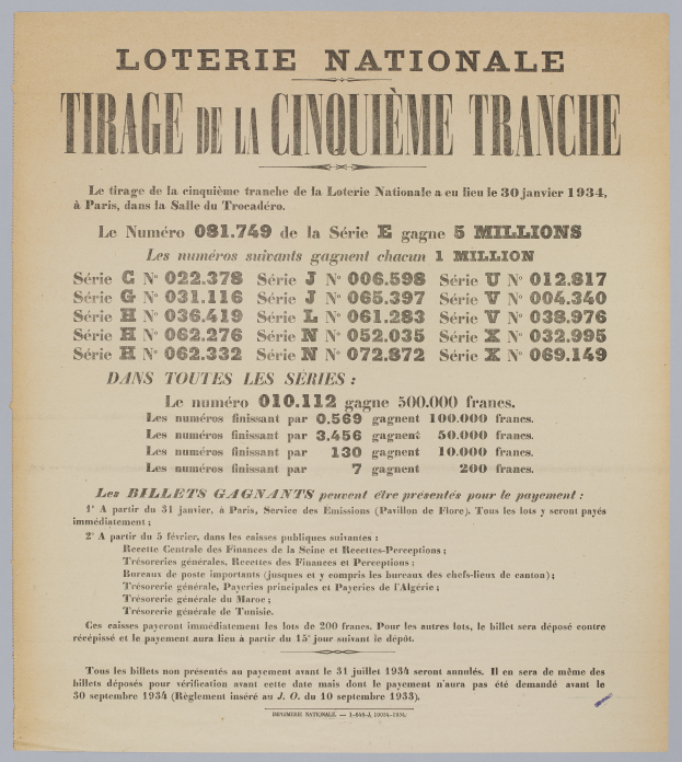 Ein Lotterielos mit der Aufschrift "Loterie Nationale Tirage de la Cinquième Tranche" und darauf gedruckten Zahlen, die einen Gewinnbetrag anzeigen.