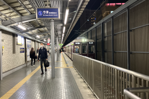 Ein Zug fährt auf einem Bahnsteig ein, mit Menschen, die gehen, einem Geländer auf der rechten Seite, Gebäuden im Hintergrund und Lampen mit einer Anzeigetafel oben auf dem Bahnsteig.