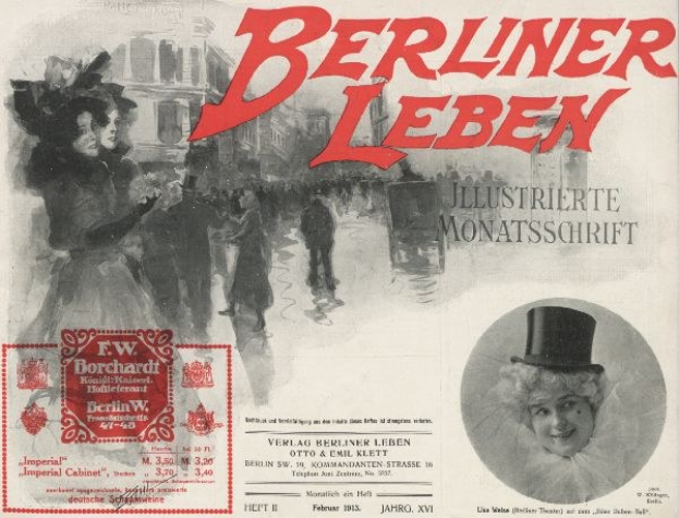 Werbung für das Berliner Leben Theater mit einer Frau im Zylinder und einem Mann im Anzug, mit Text, einem Stempel, einigen Menschen und Gebäuden im Hintergrund.