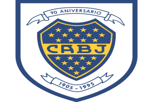 Das Logo von Boca Juniors, einem brasilianischen Fußballclub, feiert sein 90-jähriges Jubiläum mit einem blauen und gelben Schild mit dem Namen des Clubs in fetter weißer Schrift, einem gelben Stern in der Mitte und den Worten 'Boca Junio' in kleinerer Schrift darunter.