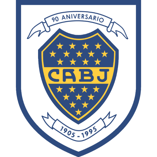 Das Logo von Boca Juniors, einem brasilianischen Fußballclub, feiert sein 90-jähriges Jubiläum mit einem blauen und gelben Schild mit dem Namen des Clubs in fetter weißer Schrift, einem gelben Stern in der Mitte und den Worten 'Boca Junio' in kleinerer Schrift darunter.