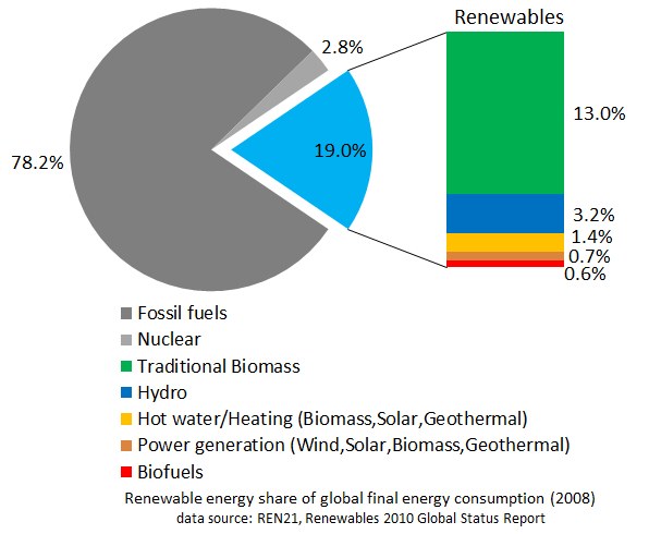 Tortendiagramm, das den globalen Verbrauch von erneuerbaren Energien im Jahr 2008 zeigt, unterteilt in Abschnitte für fossile Brennstoffe, Kernenergie, Wasserkraft, Warmwasserheizung, Biomasse, Solarenergie, Geothermie und Biokraftstoffe.