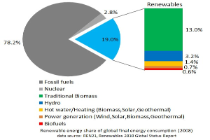 Tortendiagramm, das den globalen Verbrauch von erneuerbaren Energien im Jahr 2008 zeigt, unterteilt in Abschnitte für fossile Brennstoffe, Kernenergie, Wasserkraft, Warmwasserheizung, Biomasse, Solarenergie, Geothermie und Biokraftstoffe.