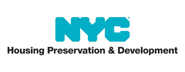 Weißer Hintergrund mit zentrierter schwarzer Schrift "NYC Housing Preservation & Development" in einer modernen, professionellen Schriftart, umgeben von einem dünnen schwarzen Rand.