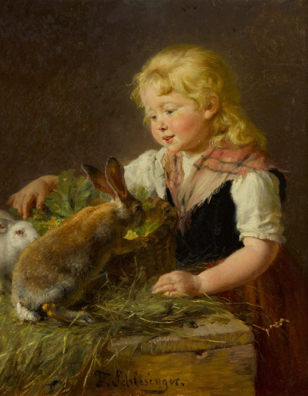 Gemälde 'Osterhase' von Thomas Schlesinger zeigt ein Mädchen mit zwei Hasen in einem Korb umgeben von grünem Gras und Blättern.
