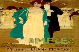 Ein Plakat, das eine Modevorstellung mit einer Frau in einem weißen Kleid und einem Mann in einem schwarzen Anzug bewirbt, mit Text, der das Ereignis beschreibt.