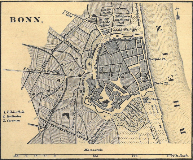 Alte detaillierte Karte von Bonn, Deutschland, zeigt Stra├čen, Geb├Ąude und Sehenswürdigkeiten mit Textbeschriftungen.