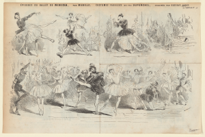 Eine Buchseite mit einer Zeichnung einer Gruppe von Menschen, die energisch tanzen, begleitet von Text, der das Datum, die Uhrzeit und den Ort des Ereignisses angibt.