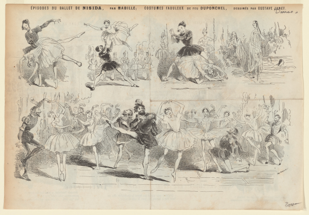 Eine Buchseite mit einer Zeichnung einer Gruppe von Menschen, die energisch tanzen, begleitet von Text, der das Datum, die Uhrzeit und den Ort des Ereignisses angibt.