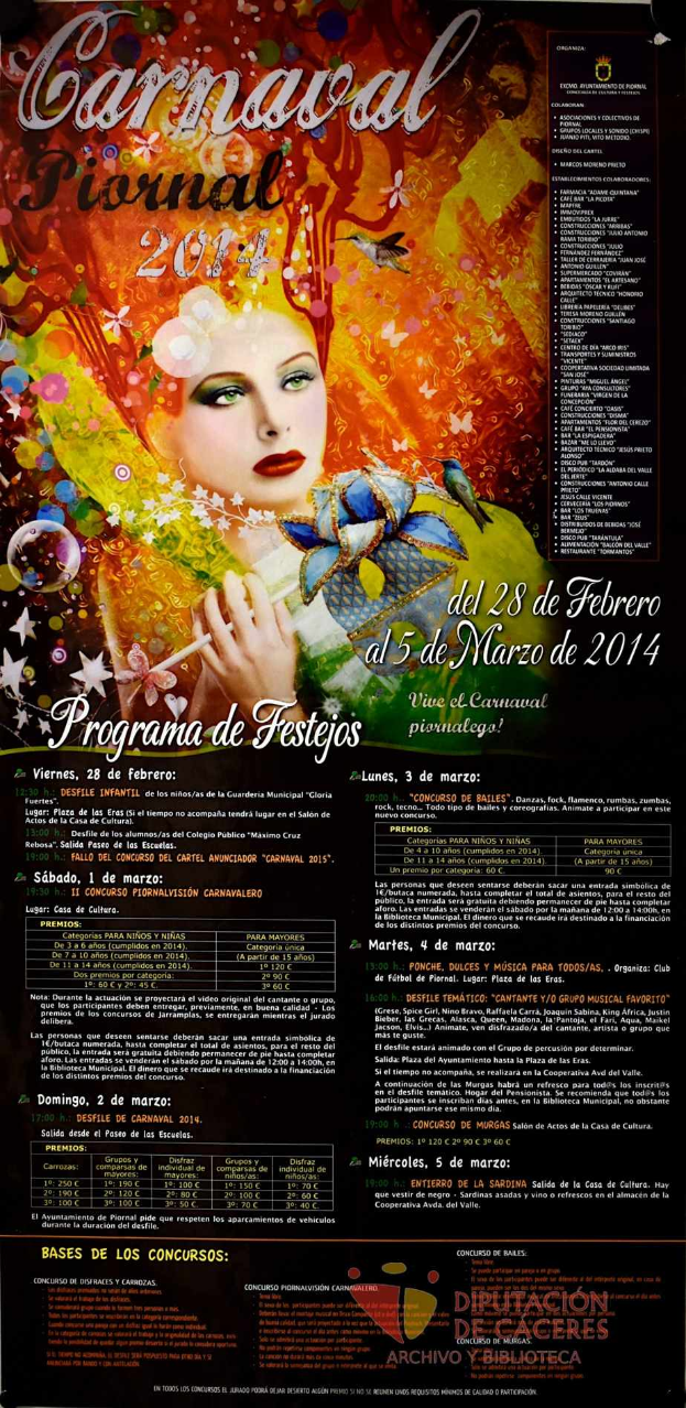 Eine Frau in einem bunten Kleid, die lächelt, umgeben von schwarzem Text, der "Carnaval Festival 2014" auf einem leuchtend gelben Hintergrund liest.