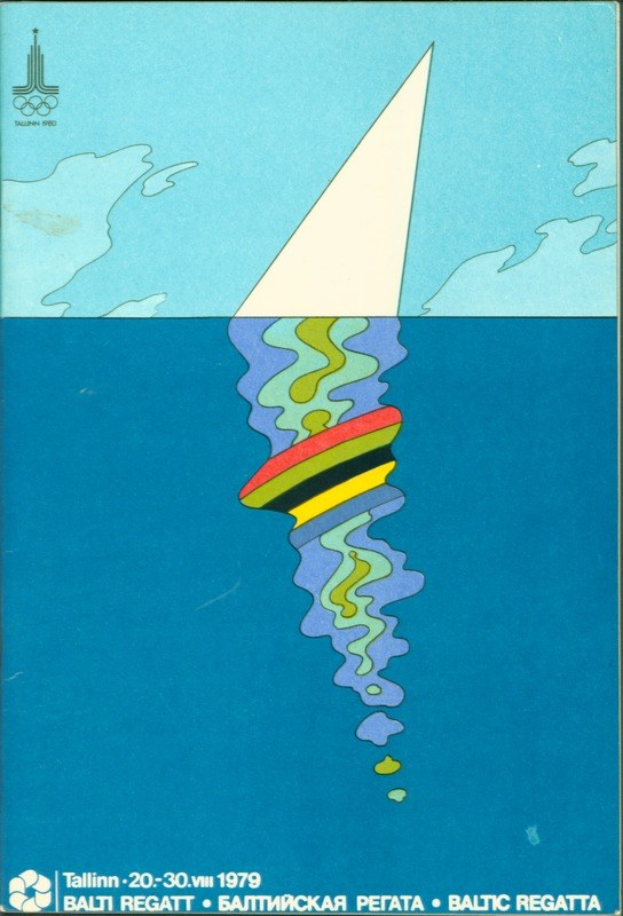 Plakat für die Baltic Regatta 1979 mit einem blauen und gelben Boot mit weißer Segel auf hellblauem Wasser unter einem hellblauen Himmel mit weißen Wolken, fetter weißer Schrift, die 'Baltic Regatta 1979' liest, und einem weißen Kreis-Logo mit blauer Umrandung und gelbem Stern.