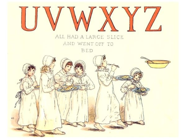 Gruppe von Menschen mit Tellern mit Essen, Schüssel und Löffel auf der rechten Seite, mit Text oben lesend "Uwxyz - Alle hatten einen großen Bissen und gingen ins Bett."