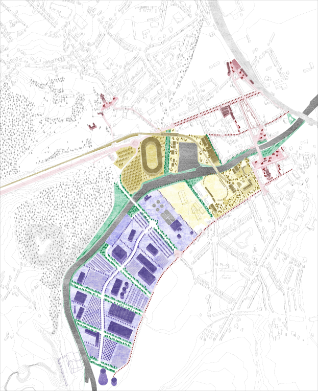 Eine Karte einer Stadt mit verschiedenen farbigen Bereichen, beschriftet mit "Vorgeschlagener Lageplan für die neue Stadt London" oben und unten.