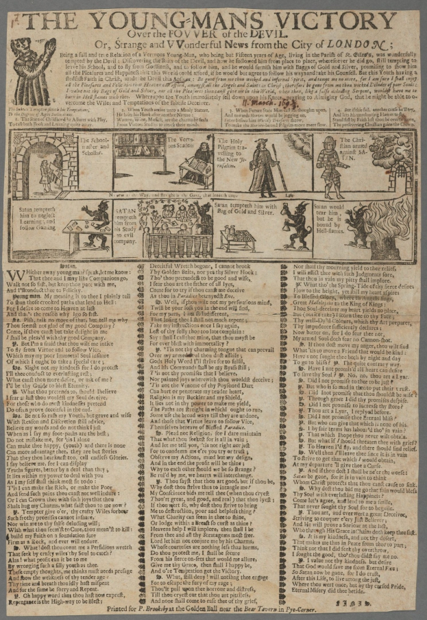 Ein Blatt mit Text und Illustrationen, das den Sieg eines jungen Mannes feiert, mit detaillierten Abbildungen entschlossener junger Männer und mutigen Sieg-Themen-Text.