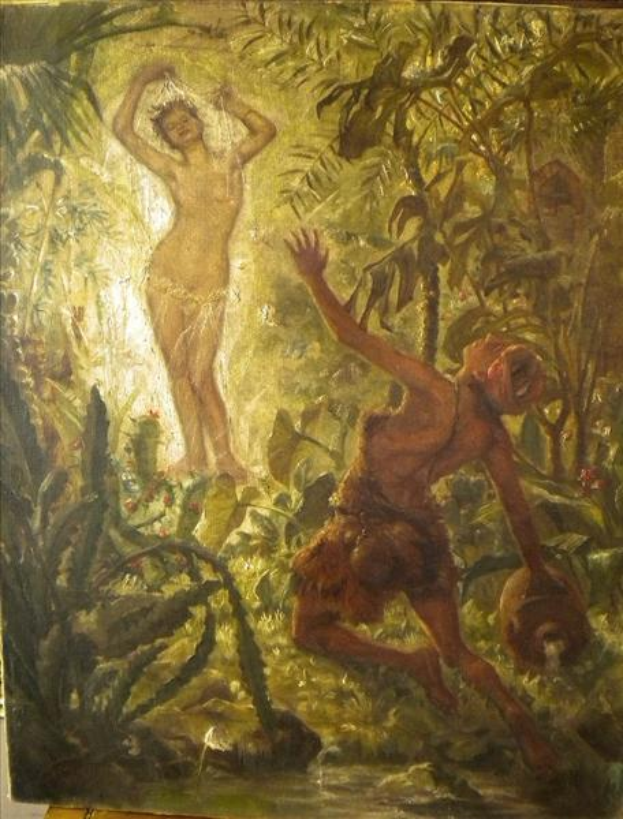 Ein Gemälde eines Mannes und einer Frau in Not inmitten eines dichten Dschungels, umgeben von detaillierter, farbenfroher Vegetation.