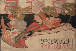 Ein Plakat, das die Kunstgesellschaft von Alphonse Mucha ankündigt, zeigt eine farbenfrohe Illustration von drei einzigartig gestalteten Menschen vor einem hellgelben Hintergrund, mit der Aufschrift "Kunstgesellschaft" in fetter schwarzer Schrift.
