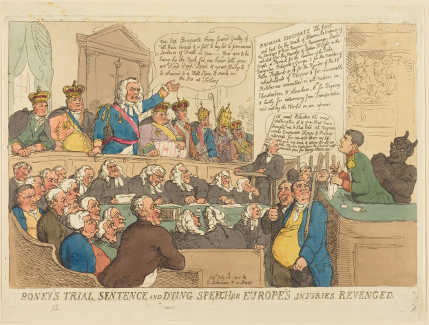 Cartoon-Courtroom-Szene mit einem zentralen stehenden Mann, sitzenden Figuren, einem Tisch mit Gegenständen auf der rechten Seite und der Beschriftung "Boney's Trial, Sentence, and Dying Speech Europe's Injuries Revenged" unten.