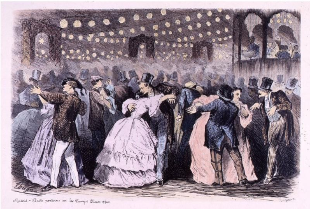 Eine Gruppe von Menschen, die in einem Ballsaal tanzen, beleuchtet von Lichtern und umgeben von Wänden, mit Text unten, der "Madame Baille Nacional en la Campagne Bleuet, 1860" lautet.